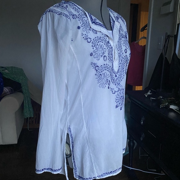 Karma Living Tops - Karma Living Cotton Voile Top with Blue Embroidery Small